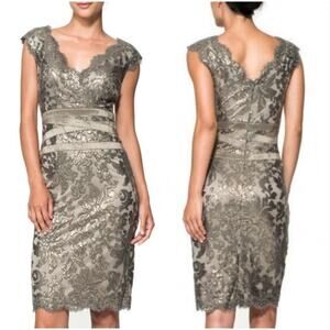 Tadashi Shoji Gold Pailliette Lace Sequin V-Neck Dress 14 Cocktail Wedding Guest